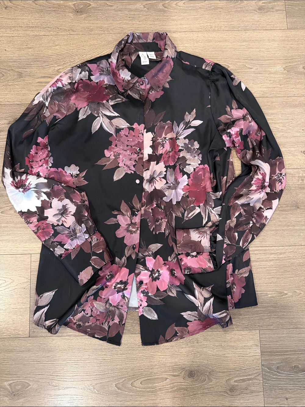 Joie Black Floral Button-Down Shirt with Pink Accents